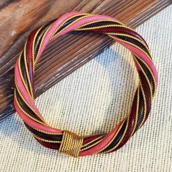 Twisted Rattan Bangle Bracelet Gold Pink Black - Picture 2 of 5